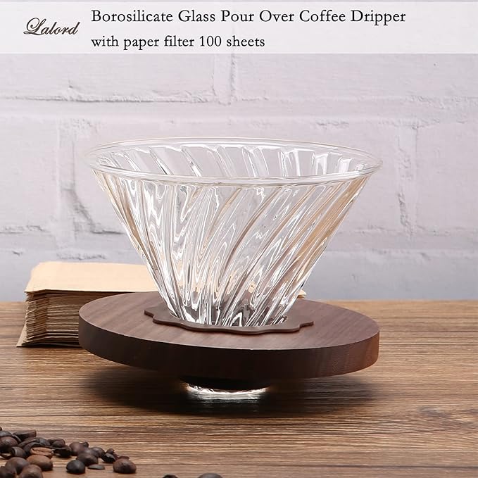 Pour Over Coffee Dripper with 100 pcs Size 02 Paper Filter, Walnut Handle and Borosilicate Glass, Glass Coffee Dripper, Hold for 1-4 Cups
