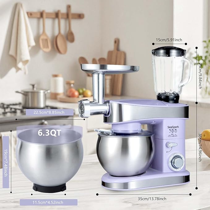 Multifunctional Stand Mixer 6.3Qt 6-Speed Tilt-head, Electric Kitchen Mixer with Stainless Steel Bowl,Meat Grinder, Juice Blender (Purple)