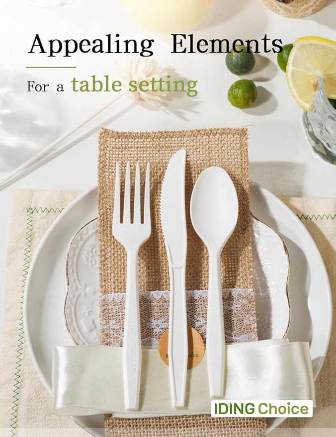Compostable Forks No Plastic Silverware 200 count disposable cutlery flatware heavy duty party utensils Eco Friendly Heavyweight White Fork for Wedding Office BBQ Picnic Outdoor Event
