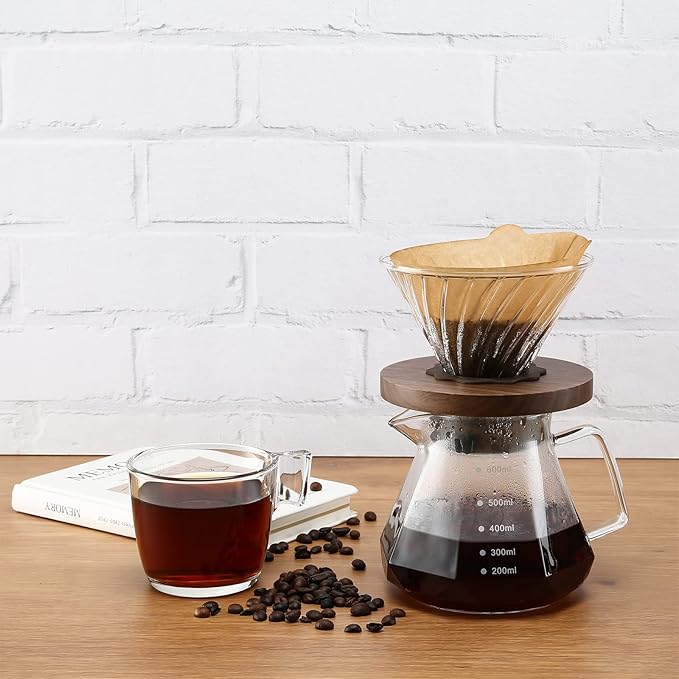 Pour Over Coffee Dripper with 100 pcs Size 02 Paper Filter, Walnut Handle and Borosilicate Glass, Glass Coffee Dripper, Hold for 1-4 Cups