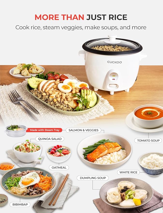 CUCKOO One Touch Rice Cooker 12-Cup Cooked, Small Rice Cooker & Warmer with Steamer Tray, Versatile Grain Cooker, Soup Maker, Auto Keep Warm, 6-Cup Uncooked, White (CR-0601C)