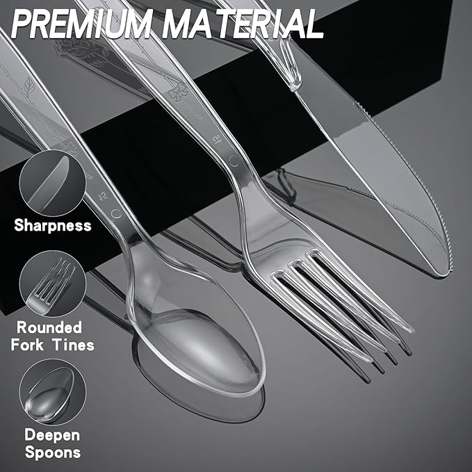 350pc Heavy Duty Plastic Silverware Set: 150 Forks/150 Spoons/50 Knives | Commercial Plastic Forks Spoons Knives BPA-Free & Temp-Resistant | Bulk Disposable for Party Catering Events