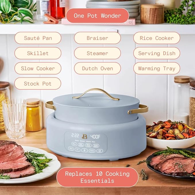 Beautiful 10-in-1 6Qt Electric Multi-Cooker with 7 Presets,Oven-Safe Pot & Lid,Sauté,Steam,Slow Cook,Slow Cooker,Simmer, Rice & Mor, Touch Display,Dishwasher Safe,Serves Up to 7(Cornflower Blue)