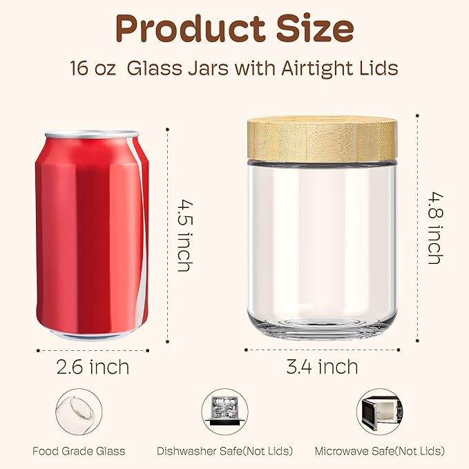 4 pack 16oz Overnight Oats Containers with Bamboo Lids, Glass Jars with Airtight Lids for Meal Prep, Wide Mouth Mason Salad Jars, Glass Food Storage Container for Yogurt Chia Snacks Spice Sugar