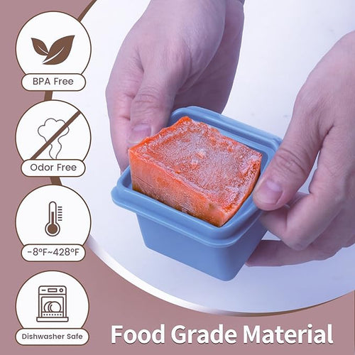 1/2 Cup Silicone Freezer Tray With Lid - Silicone Freezer Molds 4-Pack For meal prep & freezing of various sauces and other dishes, makes 4 perfect 1/2 cup portions cubes (Blue 4 Pack)