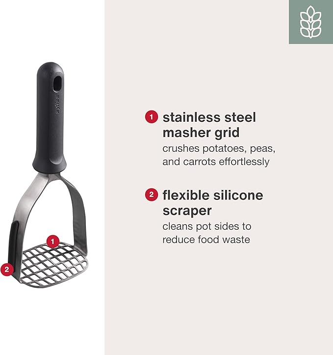 Zyliss Stainless Steel Potato Masher - Food Smasher for Potatoes, Avocados & More - Home Kitchen Essentials & Accessories - Manual Potato Masher Tool - Dishwasher-Safe Vegetable Masher - Grey