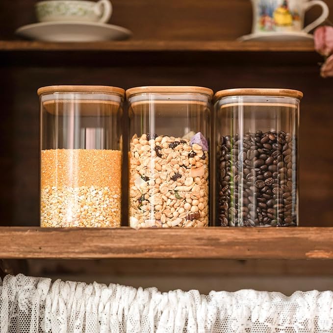 Liuruiyu Glass Food Storage Jars 37 oz Set of 6,Glass Storage Containers Clear Glass Food Canister with Bamboo Lid Airtight For Serving Tea,Coffee,Flour,Sugar,Candy,Cookie,Spice and More (Square)