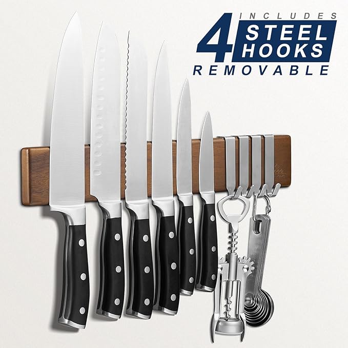 ENOKING Magnetic Knife Holder for Wall, Knife Magnetic Strip No Drilling 16 Inch, Powerful Kitchen Knife Magnetic Holder, Acacia Wood Knife Magnet for Kitchen Utensil Organizer with 4 Hooks