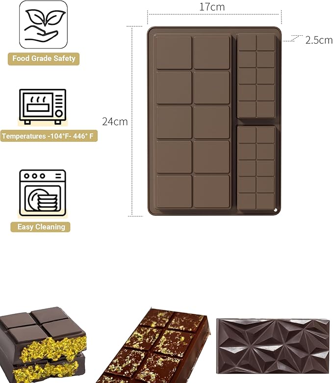 Silicone Chocolate Bar Mold, 1 Inch Deep, Large Candy Mould for Stuffed Bars and Fillings, 2 Pcs (brown)
