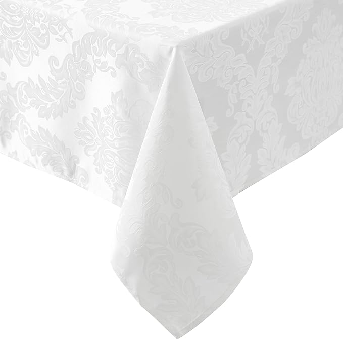 Newbridge Barcelona Luxury Damask Fabric Tablecloth, 70” Extra Wide x 126” Rectangle, White, 100% Polyester, No Iron, Soil Resistant Dining Room, Party and Banquet Table Cover