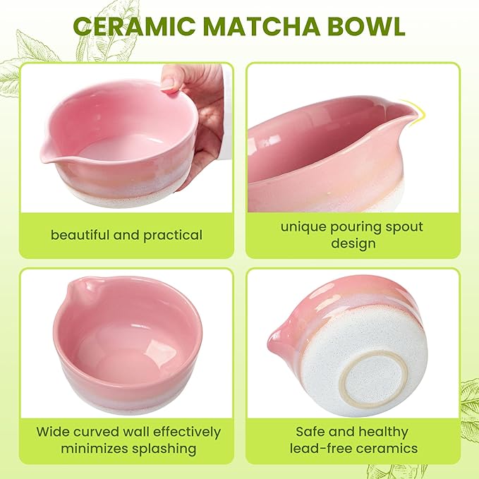 Matcha Whisk Set, Ceramic Matcha Set Desert Series, Matcha Bowl, Matcha Whisk and Holder, Bamboo Scoop, Scoop Rest, Sifter and Tea Towel 7 Pcs Matcha Kit for Birthday Christmas Gift (Pink)