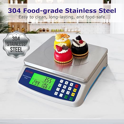 Large Digital Kitchen Scale 40kg/88lb Stainless Steel Price Computing Scale Counting Scale Deli Scale with LCD Display for Baking Bread Cooking Meat Prep Parts and Coins Adapter Included