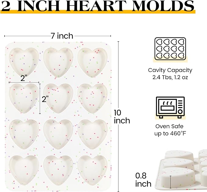 2 Inch Small Heart Shaped Silicone Molds for Chocolate, Candy, Cake, Soap (Set of 2, Cream)