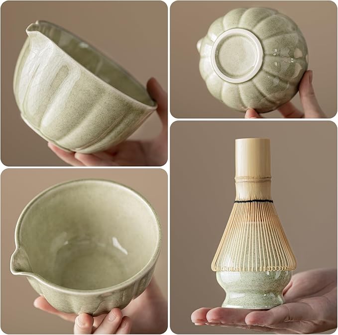 8 Pcs Matcha Whisk Set - HTRCXB Matcha Set with Ceramic Bowl, Bamboo Whisk & Holder, Scoop, Sifter, Measuring Spoon, Scoop Rest & Tea Towel, Complete Gift Kit for Beginners & Tea Lovers