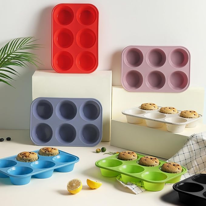 2 Pack 6 Cups Jumbo Muffin Pan with Metal Reinforced Frame Silicone Molds Egg Bites Silicone Circle Cookie Molds Extra Large Muffin Tin Jumbo Tart Pans Baking Sheet Set for Sandwiches