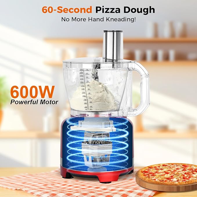 Homtone 16 Cup Food Processor Large, 9 Functions 7 Blades 3 Speeds for Shredding, Slicing, Making French Fries, Chopping Meat, Kneading Dough & Emulsifying, 600W, Red