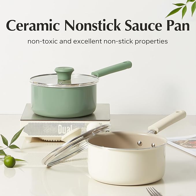 Redchef Ceramic Nonstick Saucepan with Lid, 2.5QT Small Cooking Pot, Non Toxic Sauce Pans for Kitchen, Cool Handle PFAS Free Compatible with All Cooktops, White
