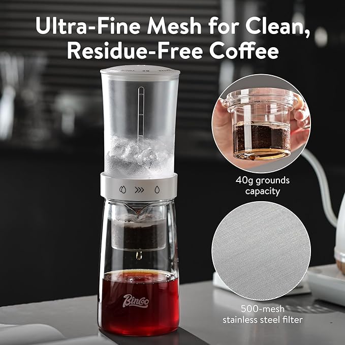Bincoo Drip Cold Brew Coffee Maker,450ml High Borosilicate Glass Ice Drip Coffee Brewer,Adjustable Dual-Outlet Drip Speed, Constant Pressure Brewing