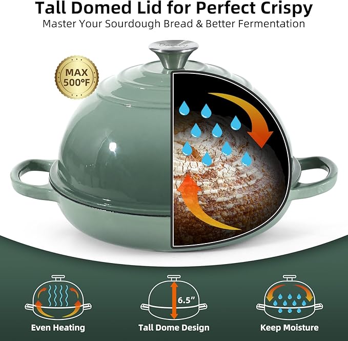 Davivy 5.5QT Cast Iron Sourdough Pan, 10" Round Dutch Oven for Bread, Enameled Cast Iron Dutch Oven for Sourdough Bread, Bread Baking Cloche, with Silicone Baking Mat - Sea Salt Green