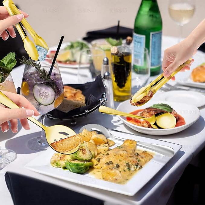 12PCS Gold Stainless Steel Serving Utensils Sets - Large Serving Spoons,Slotted Spoons,Serving Tongs,Appetizer Tongs,Utensills Sets for Buffet Catering Banquet Party (Gold)