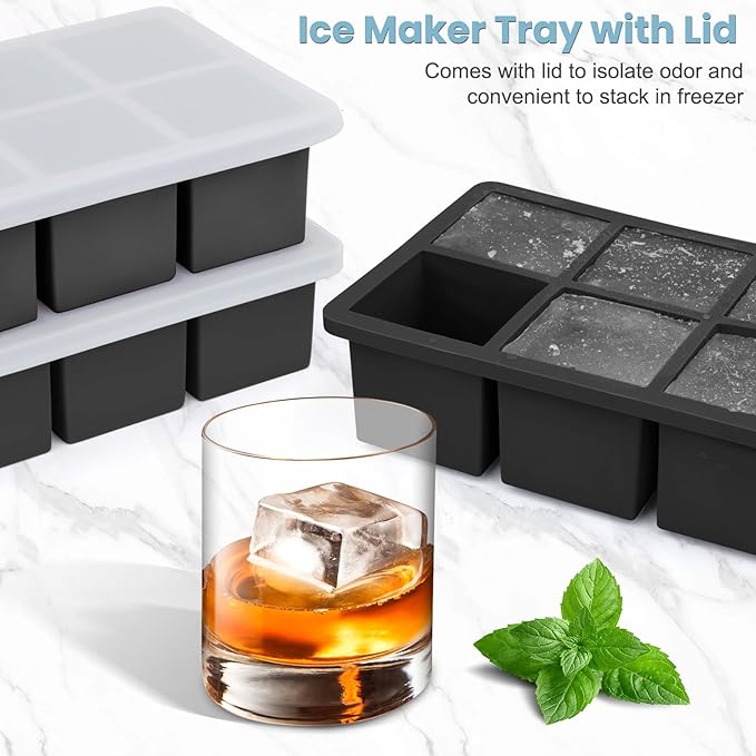 Large Silicone Ice Cube Tray 3Pack, SAWNZC Big Square Ice Cube Molds for Whisky Cocktail, Ice Maker Tray with Lid for Freezer, Easy Release (3, Black)