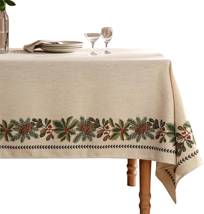 ISAENNE Designer Christmas Linen Small Square Tablecloth,Light Beige Western Elegant Table Cloth,Wrinkle Resistant Decor Tablecloths for Dining Thanksgiving Kitchen Christmas,55"*55"-Carol G