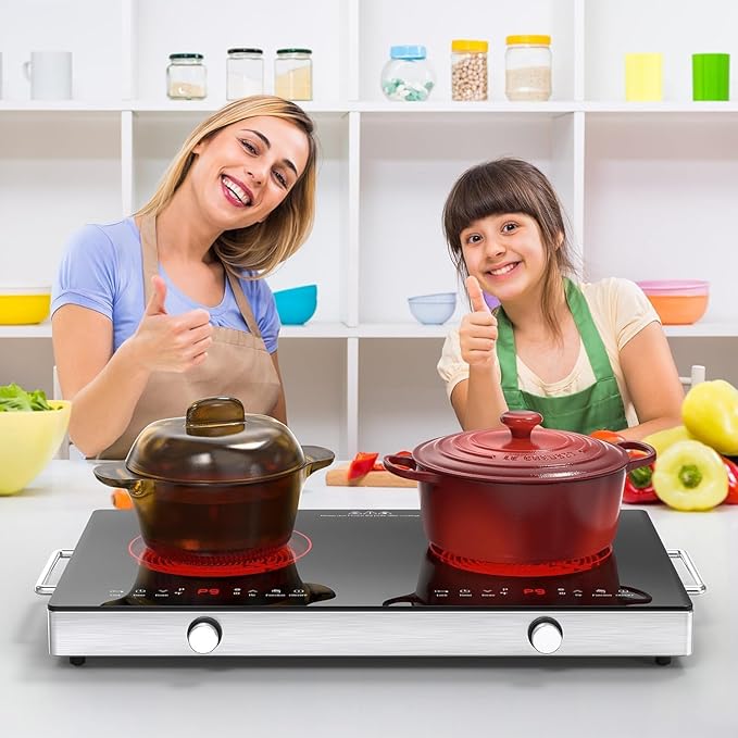 2 Burner Electric Cooktop, 110V 2400W Electric Stove Top, 24 Inch Hot Plate with Knob Control, Kids Lock & Timer, 9 Power Levels, LED Touch Control