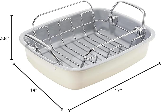 KITESSENSU Nonstick Turkey Roasting Pan with Rack 17 x 14 inch - Large Chicken Roaster Pan for Oven - Wider Handles & Heavy Duty Construction - Suitable for 24lb Turkey, Cream