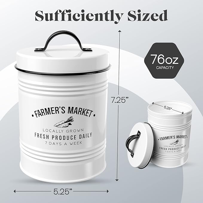 Amici Home Farmers Market Metal Canister | Dry Food Storage Container | Airtight Lid | 76 Ounce Capacity | Farmhouse Décor | Metal Canister for Kitchen Countertop