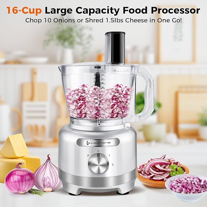 Homtone 16 Cup Food Processor Large, 9 Functions 7 Blades 3 Speeds for Shredding, Slicing, Making French Fries, Chopping Meat, Kneading Dough & Emulsifying, 600W, Red