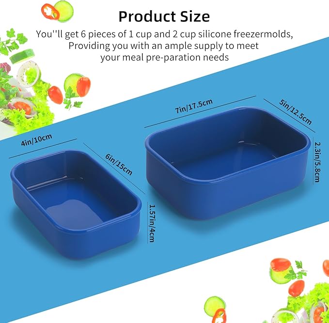 2 Cup and 1 Cup Silicone Freezer Trays with Lid 6 Pack Silicone Freezer Molds soup freezer containers Make 6 Perfect Soups, Broths, Stews, Sauces, Curries (Multicolor 6 Pack)