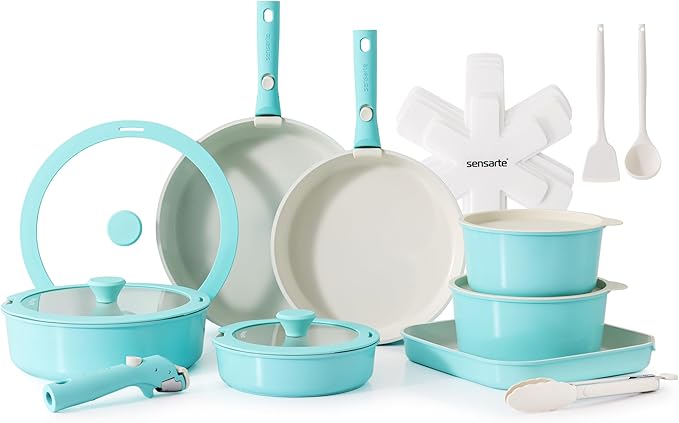 SENSARTE 24 Piece Ceramic Pots and Pans Set, Nonstick Detachable Handle Cookware, Induction Cookware Set with Removable Handle, Healthy Non Stick for RV, Dishwasher＆Oven Safe, PFOA Free (Turquoise)