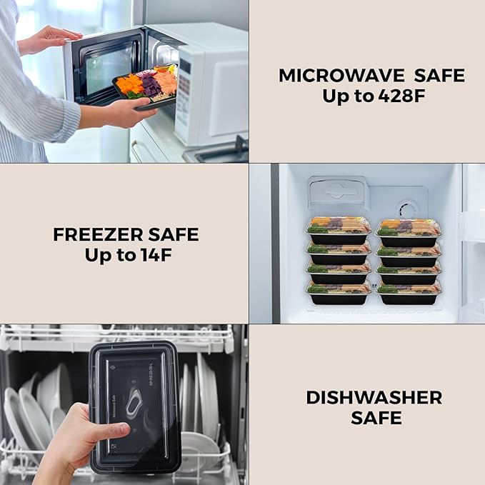 Klex 32 Oz, 150 Sets Meal Prep Containers with Airtight Lids, BPA Free, Reusable Plastic Food Container, 32 oz, Rectangular, Black/Clear, 150 Sets