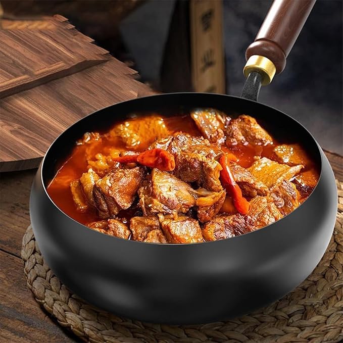 Jinswhdre Cast Iron Skillet, 9.5/11in Jinswhdre Japanese Irons Pan, Hand Forged Uncoated Iron Pan with Lid Spatula, Non-stick Wok for Cooker Gas Stir Fry Pans Durable and Rust-Free (Wooden Lid,10.2in)