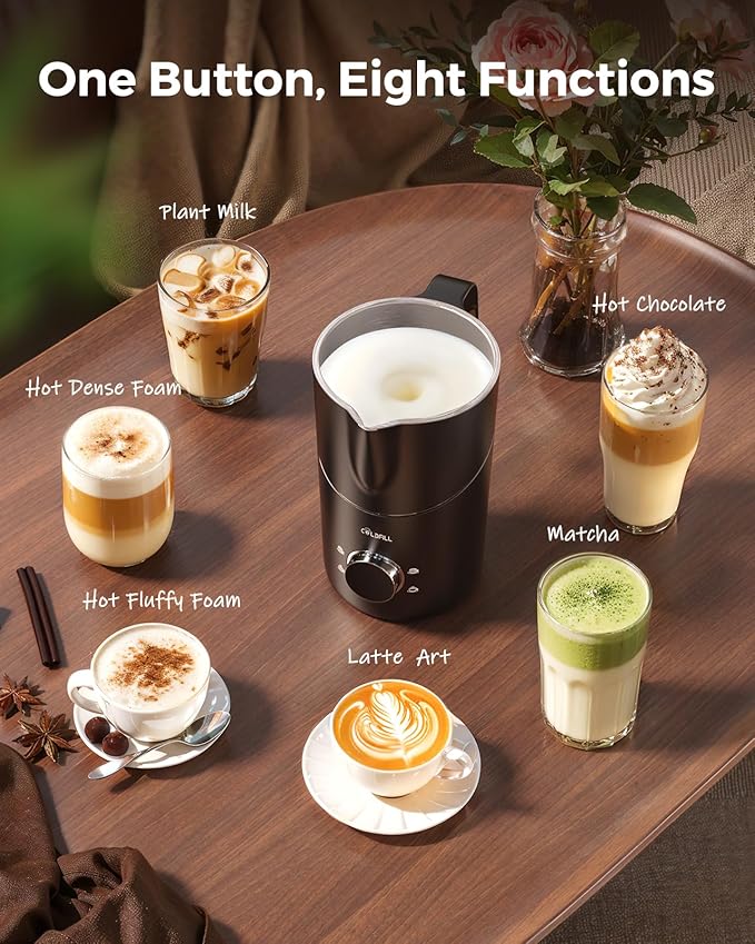 Milk Frother and Steamer, 8-in-1 Rechargeable Electric Milk Frother for Coffee, 13.5oz/400mL Large Capacity Automatic Warm and Cold Foam Maker, Hot Chocolate Maker Coffee Frother, Deep black