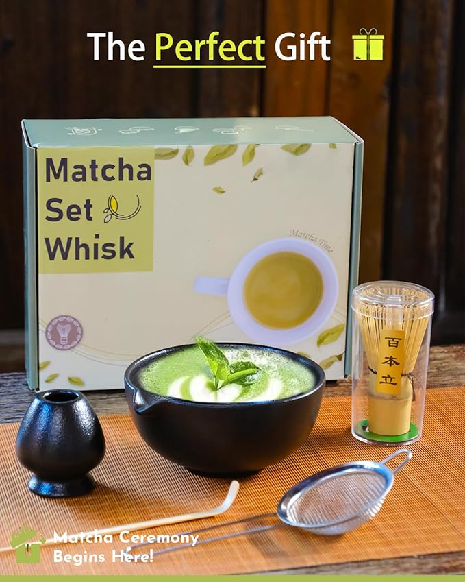 Matcha Whisk Set,Matcha Set,Matcha Kit,Matcha Bowl with Spout,Scoop,Sifter,Bamboo Whisk,Chasen Holder,Unique Gifts for Women Grifend,Gifts for Christmas, Birthday,Halloween(Black)
