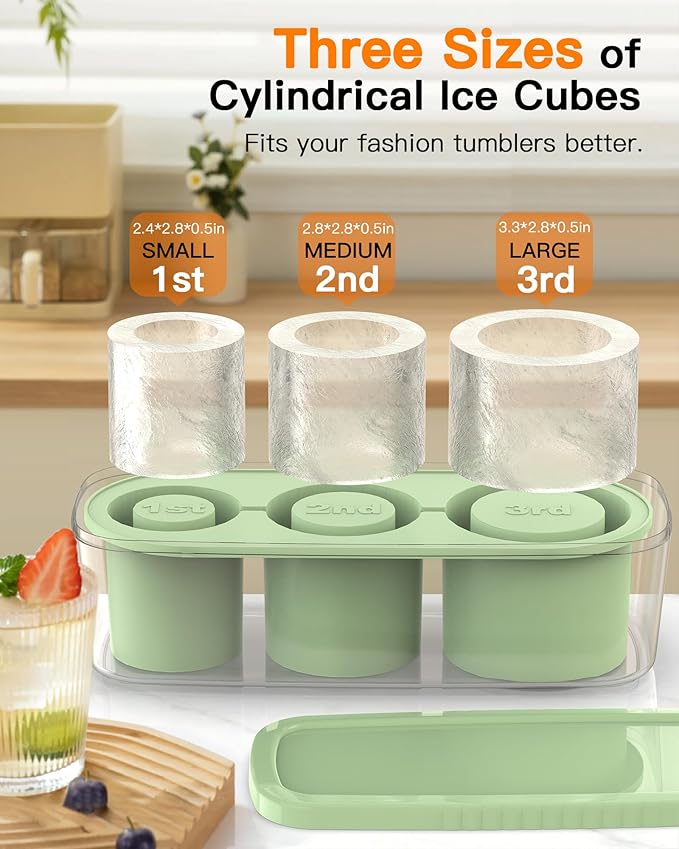 Ice Cube Tray for Tumbler Cup 30Oz-40Oz, 3 Pcs Silicone Cylinder Ice Mold with Lid and Bin for Freezer, Easy Fill and Release Ice Maker for Whiskey, Cocktail BPA-Free (Green, 40Oz)