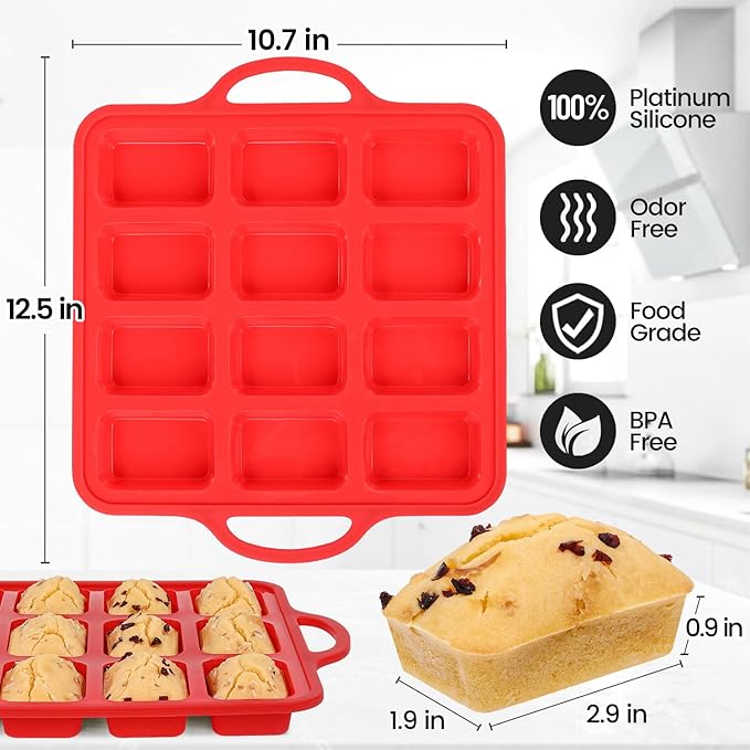 CAKETIME Silicone Mini Loaf Pan, 12 Cavities Metal Reinforced Frame Nonstick Food Grade for Baking Mini Bread, Brownie, Cornbread, Cheesecake and Chocolate (2 Pack)