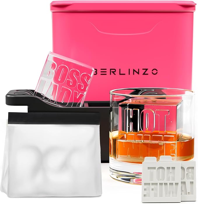 Berlinzo Premium Clear Ice Cube Maker with Conversation Ice Prints – 2 Large 2.1" Crystal Clear Ice Squares – Giftable Idea for Party, Game Night & Just for Fun – Includes Storage Bag (Non-Electric)