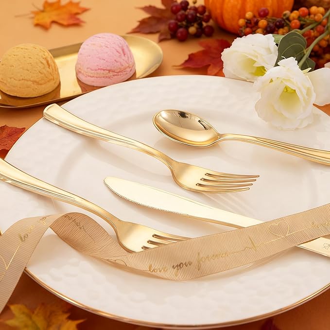 WDF 500PCS Gold Plastic Silverware Set Disposable - Gold Cutlery Set Plastic - 250Forks, 125 Spoons, 125 Knives for Thanksgiving Party, Birthday, Wedding