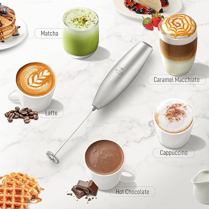 Zulay Powerful Milk Frother for Coffee with Upgraded Titanium Motor - Handheld Electric Whisk, Milk Foamer, Mini Mixer & Coffee Blender for Frappe, Latte, Matcha, No Stand - Silver