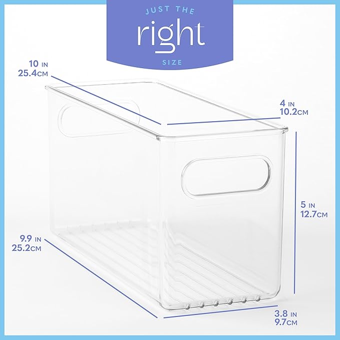 Plastic Food Storage 2 Pack Clear Container Bin with Handles for Organizing Kitchen, Pantry, Refrigerator, Freezer, Pantry, Cabinet, Closet, Bathroom. 10”x4”x5”