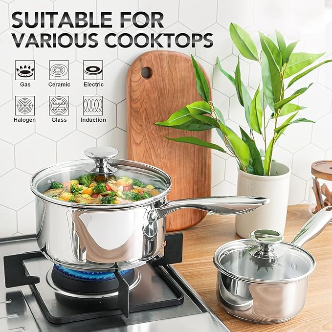 MICHELANGELO Triply Stainless Steel Saucepan Set with Lids 6pcs, Stainless Steel Pot Set, Kitchen Pot Set Induction Compatible, 1QT & 2QT & 3QT