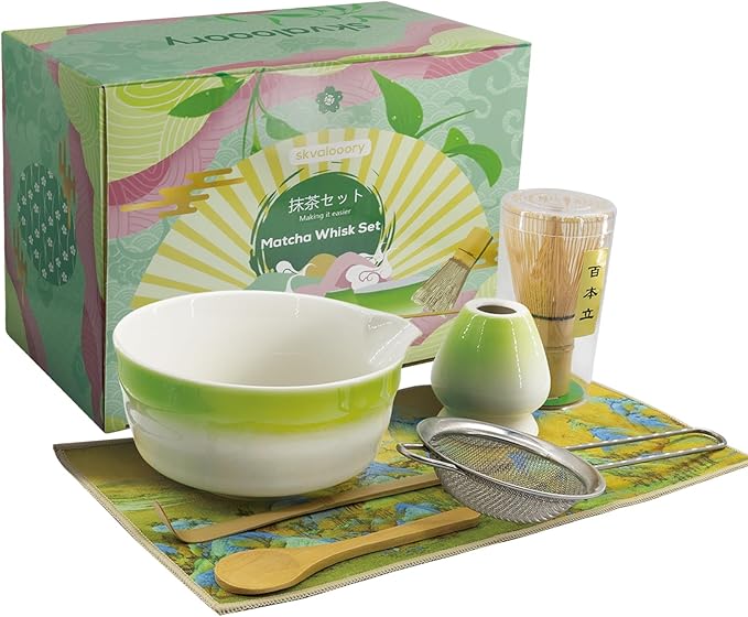 Matcha Whisk Set, 7-Pcs Matcha Set Includes Gradient Ceramic Matcha Bowl and Chasen Holder, Bamboo Whisk, Stainless Sifter, Teaspoon, Tea Towel, Spoon, Matcha Kit for Tea Lovers (Green)