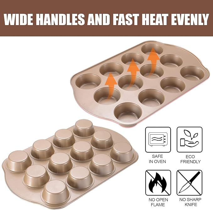 Nonstick Muffin & Cupcake Pan Set (2 Pack) - 12 Cup Regular + 24 Cup Mini Muffin Tins | Heavy Duty Gold Carbon Steel, Rust-Resistant, Easy Release