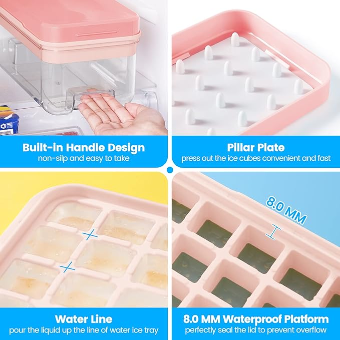 PHINOX Ice Cube Tray with Lid and Bin, Ice Trays for Freezer, Flexible Ice Cube Trays, Making 64 pcs Ice Cubes, Chilling Cocktail, Whiskey, Coffee, with 2 trays, Ice Container, Scoop&Cover, BPA Free
