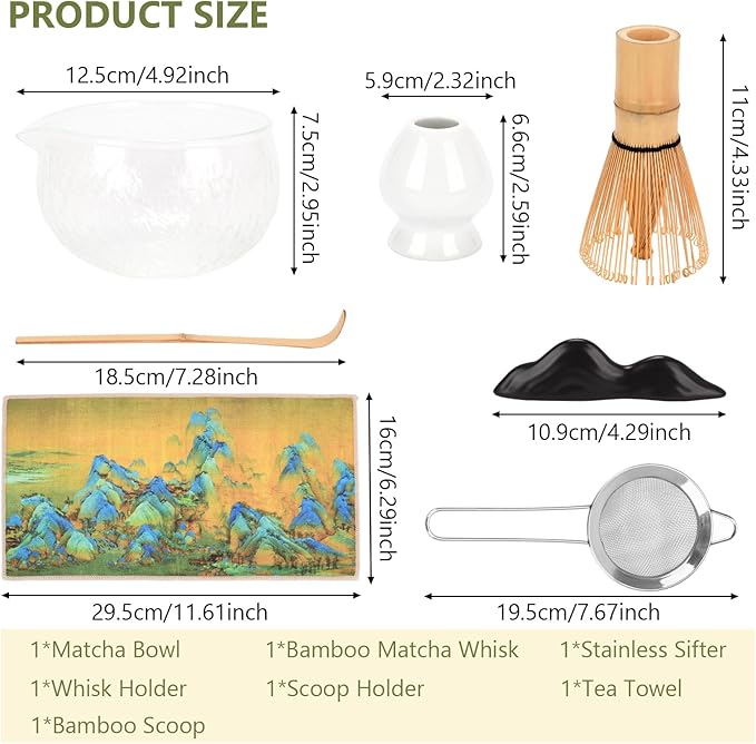 7 Pcs Matcha Whisk Set, Ceramic Matcha Set Includes Matcha Bowl, Bamboo Matcha Whisk and Holder, Bamboo Scoop, Scoop Holder, matcha sifter and Tea Towel - Matcha Kit for Matcha Lovers（White）