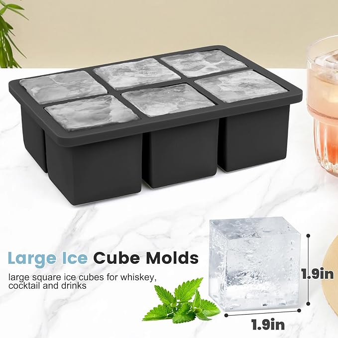 Large Silicone Ice Cube Tray 3Pack, SAWNZC Big Square Ice Cube Molds for Whisky Cocktail, Ice Maker Tray with Lid for Freezer, Easy Release (3, Black)