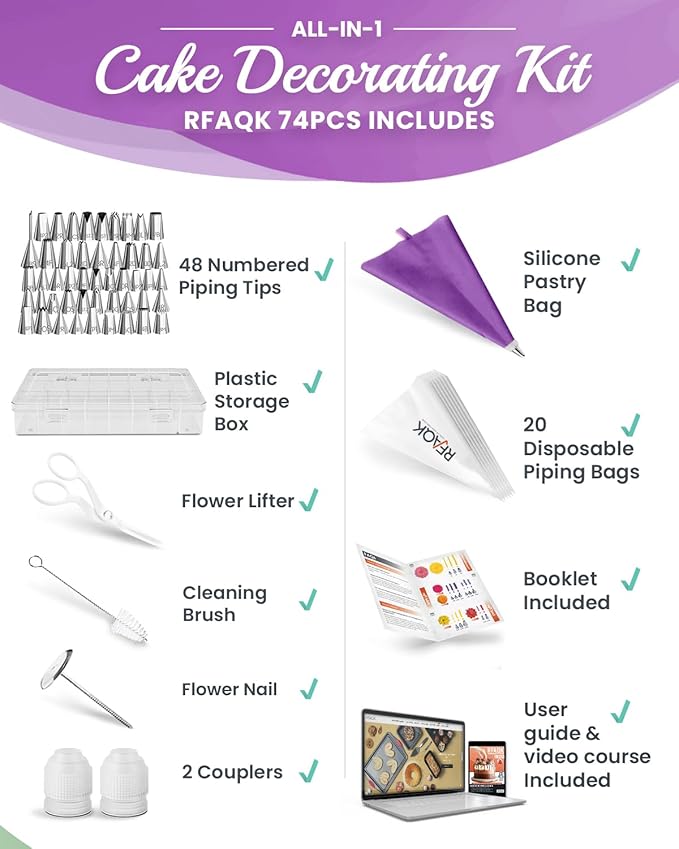 RFAQK 74 PCs Icing Piping Bags and Tips Set, Cake Decorating Kit with 48-Numbered Piping Tips, 20+1 Pastry Bags for Cookie Cupcake Cake Decoration, with Booklet and E-book (Purple)