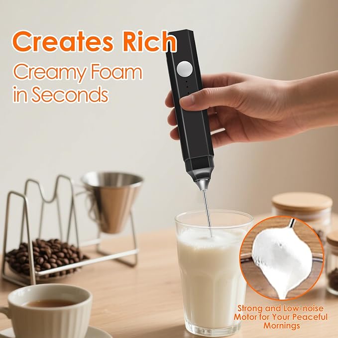 Rechargeable Milk Frother Handheld 3 Speed Adjustable, Electric Whisk Foam Maker, Handheld Drink Mixer, Mini Frother Wand with Stainless Steel Whisk for Coffee, Lattes, Cappuccinos, with Storage Cover